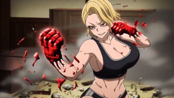 1girl 2025 20s abs animated animated_gif attack black_bra black_panties black_sports_bra blonde_hair blood blood_on_hands bra breasts cleavage female_focus fighting fighting_stance gloves large_breasts legs matching_hair/eyes midriff multicolored_eyes muscular muscular_female navel panties punch sazanami_kuina short_hair smashing smile smoke solo sports_bra stomach tagme thighs tongue tongue_out tougen_anki underwear underwear_only yellow_eyes