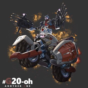 1boy absurdres another_rider_(zi-o) asato_(zini) beam_rifle belt black_background commentary_request cross cyborg dual_wielding embers energy_gun english_text fire fusion gun gundam highres holding holding_gun holding_weapon joints kamen_rider kamen_rider_zi-o_(series) mobile_suit_gundam mobile_suit_gundam_g40 motion_blur motor_vehicle motorcycle pink_eyes rider_belt robot robot_joints rx-78-2_gundam rx-78-2_gundam_(g40) science_fiction scope shield simple_background solo taur v-fin weapon wheel