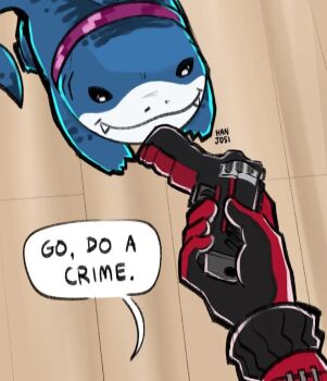 2boys deadpool fins fish_tail gills gloves go_do_a_crime_(meme) gun hanjosi jeff_(marvel) marvel marvel_rivals meme multiple_boys shark shark_fin shark_tail sharp_teeth smile superhero_costume tail teeth weapon