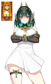 1girl absurdres alternate_costume animal_crossing bare_shoulders black_gloves breasts center_opening character_request closed_mouth commentary crossed_arms dress earpiece earrings elbow_gloves facial_mark foxyreine genshin_impact gloves green_eyes green_hair has_bad_revision has_cropped_revision has_watermarked_revision headgear highres jewelry large_breasts looking_at_viewer mark_under_eye md5_mismatch medium_hair mole mole_under_eye nefer_(genshin_impact) nintendo partially_shaded_face reference_inset resolution_mismatch signature simple_background smile solo source_smaller symbol-shaped_pupils thigh_strap thighs triangle-shaped_pupils white_background white_dress