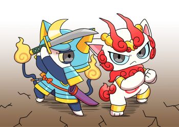 absurdres anklet armlet armor bushinyan commentary_request fire flame-tipped_tail gold_anklet gold_armlet highres hitodama holding holding_sword holding_weapon japanese_armor jewelry katana looking_at_viewer multiple_tails no_humans notched_ear shurakoma sword tail two_tails weapon white_fur yellow_fire youkai_(youkai_watch) youkai_700 youkai_watch