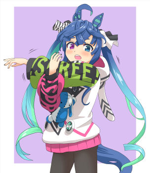 1girl @_@ ahoge animal_ears aqua_hair asymmetrical_sleeves black_pantyhose blue_eyes blue_hair blue_tail blush clothes_writing colored_inner_hair commentary_request cowboy_shot cross-body_stretch crossed_bangs double-parted_bangs gradient_hair green_hair green_sleeves haniwa_(leaf_garden) heterochromia highres hood hood_down hooded_jacket horse_ears horse_girl horse_tail jacket long_hair long_sidelocks long_sleeves mismatched_sleeves multicolored_hair multicolored_jacket no_pants open_mouth pantyhose pink_sleeves purple_background purple_eyes raglan_sleeves sharp_teeth sidelocks simple_background solo stuffed_animal stuffed_rabbit stuffed_toy tail teeth thick_eyebrows twin_turbo_(blast_mode!_turbo_engine)_(umamusume) twin_turbo_(umamusume) twintails two-tone_background umamusume very_long_hair very_long_sidelocks