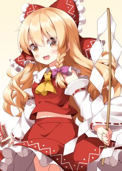 1girl :d alternate_costume ascot bare_shoulders blonde_hair blush bow braid collared_shirt commentary_request contrast_collar cosplay cowboy_shot detached_sleeves frilled_bow frilled_shirt_collar frilled_skirt frills gohei hair_bow hakurei_reimu hakurei_reimu_(cosplay) highres holding holding_gohei kirisame_marisa long_hair looking_at_viewer navel open_mouth pink_bow red_bow red_shirt red_skirt ribbon-trimmed_sleeves ribbon_trim ruu_(tksymkw) shirt simple_background single_braid skirt skirt_set sleeveless sleeveless_shirt smile solo touhou white_sleeves wide_sleeves yellow_ascot yellow_background yellow_eyes