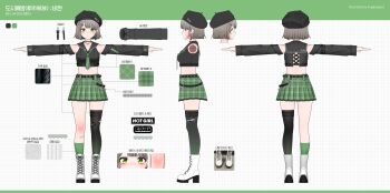 Rule 34 | 1girl, absurdres, artist name, asymmetrical legwear, bare shoulders, belt, beret, black belt, black choker, black hat, black shirt, black sleeves, black thighhighs, blush, boots, breasts, brown hair, character name, chinese text, choker, closed mouth, color guide, commentary, crop top, detached sleeves, english text, full body, green eyes, green necktie, green skirt, green socks, grey hair, hat, high heel boots, high heels, highres, kingkangmat, kneehighs, korean commentary, korean text, lace-up boots, long sleeves, looking at viewer, midriff, miniskirt, mismatched legwear, multiple views, navel, necktie, official alternate costume, official art, outstretched arms, plaid clothes, plaid necktie, plaid skirt, pleated skirt, real life insert, reference sheet, shirt, short hair, single kneehigh, single sock, single thighhigh, skirt, sleeveless, sleeveless shirt, smile, socks, spread arms, standing, thighhighs, thighhighs under boots, turnaround, uneven legwear, viichan, virtual youtuber, waktaverse, white boots