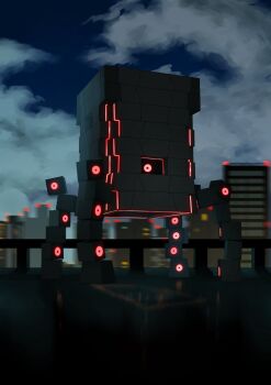 brick building cloud commentary english_commentary full_body gen_7_pokemon glowing glowing_eyes highres night nintendo no_humans on_rooftop outdoors pokemon pokemon_(creature) pokemon_focus red_eyes reflection reflective_floor rooftop skyline skyscraper stakataka ultra_beast w0ch1en