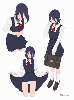 1girl absurdres black_choker black_dress black_hair briefcase chainsaw_man choker clothes_lift collared_shirt dress dress_lift edgar_syu green_eyes grenade_pin hair_between_eyes highres holding holding_briefcase lifting_own_clothes long_sleeves multiple_views neck_ribbon panties pinafore_dress red_ribbon reze_(chainsaw_man) ribbon school_briefcase shirt sleeveless sleeveless_dress underwear unfinished white_panties white_shirt