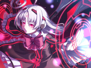 1girl ahoge albino blush bow dress forehead_jewel frilled_dress frills hair_tubes hairband huge_ahoge long_hair neon_trim nntkorippa pantyhose red_eyes robot_ears solo twintails under_night_in-birth vatista_(under_night_in-birth) very_long_hair white_hair wings