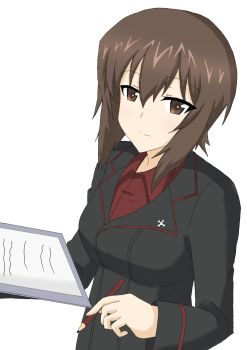 Rule 34 | 1girl, black jacket, closed mouth, commentary request, eyes visible through hair, girls und panzer, hair between eyes, highres, holding, holding pencil, jacket, kuromorimine military uniform, looking at viewer, military, military jacket, military uniform, nishizumi maho, pencil, red shirt, shirt, simple background, smile, solo, thor gdgd, white background