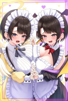 Rule 34 | 1girl, absurdres, apron, black dress, black hair, blue eyes, bow, bowtie, breast press, breasts, cleavage, commentary request, demon wings, dress, fang, halo, head wings, heart, heart-shaped pupils, highres, hololive, interlocked fingers, large breasts, maid headdress, oozora subaru, open mouth, pink nails, red bow, red bowtie, short hair, skin fang, solo, star (symbol), symbol-shaped pupils, symmetrical docking, takotakochan 1006, twitter username, virtual youtuber, watermark, white apron, wings, yellow dress