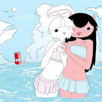 Rule 34 | 2girls, ahoge, angel, bikini, bird, black eyes, black hair, blue bikini, chewchewer, cloud, colored skin, commentary, curtained hair, demon girl, demon horns, detached ahoge, english commentary, english text, fang, frilled bikini, frills, halo, highres, horns, jaggy lines, kappa (chewchewer), long hair, microsoft paint (medium), multiple girls, navel, nyan (chewchewer), one eye closed, original, outdoors, pink bikini, plaid bikini, plaid clothes, red skin, seagull, short hair, skin fang, sky, sun, swimsuit, thighs, tongue, tongue out, water, white hair, white skin