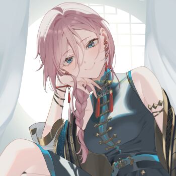 1girl black_dress blue_eyes braid braided_ponytail breasts china_dress chinese_clothes commentary_request dress earrings hair_between_eyes highres hololive jewelry large_breasts long_hair looking_at_viewer pink_hair sleeveless sleeveless_dress smile solo takane_lui takane_lui_(china_dress) tassel twitter_username virtual_youtuber yamagamiamami