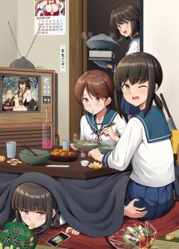 Rule 34 | 1boy, 4girls, black hair, blue gloves, blue neckerchief, blue sailor collar, blue skirt, blush, bottle, bowl, brown eyes, brown hair, calendar, cellphone, chips (food), chopsticks, cooking pot, cup, eating, food, fruit, fubuki (kancolle), gloves, green eyes, hatsuyuki (kancolle), highres, hime cut, ichikawa feesu, jacket, johnston (christmas) (kancolle), johnston (kancolle), kantai collection, knife, kotatsu, long hair, long sleeves, low ponytail, low twintails, medium hair, miyuki (kancolle), multiple girls, neckerchief, noodles, one eye closed, open mouth, orange (fruit), phone, pleated skirt, ponytail, potato chips, sailor collar, school uniform, serafuku, shirayuki (kancolle), shirt, short hair, sidelocks, skirt, smartphone, smile, soba, suit jacket, t-head admiral, table, television, twintails, white jacket, white shirt