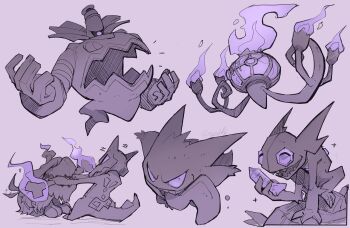 alolan_form alolan_marowak anger_vein bone candle chandelier chandelure dog dusknoir fangs fire gem gen_1_pokemon gen_3_pokemon gen_4_pokemon gen_5_pokemon gen_7_pokemon gengar ghost_tail greavard highres holding holding_bone holding_gem long_tongue monochrome mouth_hold nintendo no_humans one-eyed open_mouth pokemon pokemon_(creature) purple_eyes purple_fire purple_gemstone sableye scarvii sharp_teeth single_flame skin_fangs smile squatting stomach_mouth struggling tail tail_wagging teeth tongue tongue_out trait_connection
