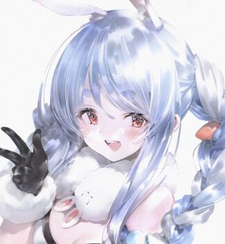 Rule 34 | 1girl, animal ears, black gloves, blue hair, braid, breasts, carrot hair ornament, cleavage, don-chan (usada pekora), food-themed hair ornament, gloves, grey background, hair ornament, highres, hololive, long hair, looking at viewer, open mouth, red eyes, shiratsuyu mone, solo, thick eyebrows, twin braids, usada pekora, virtual youtuber