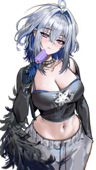 1girl ahoge alternate_costume atiarta7 black_wings blue_hair blue_nails blush bra bra_peek breasts chromatic_aberration cleavage collarbone colored_inner_hair commentary earrings eating feathered_wings fingernails food galbrena_(wuthering_waves) gold_choker grey_hair hair_between_eyes hair_intakes hand_in_pocket hashtag-only_commentary highres holding holding_food holding_popsicle jewelry large_breasts long_fingernails looking_at_viewer medium_hair midriff mole mole_on_neck multicolored_hair navel pants popsicle purple_eyes simple_background single_wing solo sweatpants twitter_username underwear white_background wings wuthering_waves