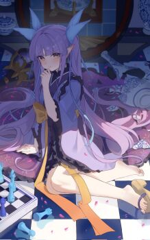 1girl bare_legs board_game chess hair_ribbon highres kyoka_(princess_connect!) long_sleeves looking_at_viewer on_floor princess_connect! purple_hair ribbon sandals youqia