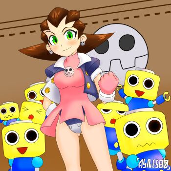 1girl asnesbo black_jacket blush breasts brooch brown_background brown_hair capcom crotch_plate dress earrings gloves green_eyes hand_on_own_hip highres jacket jewelry looking_at_viewer medium_breasts mega_man_(series) mega_man_legends_(series) open_clothes open_jacket pink_dress pink_gloves puffy_sleeves robot servbot_(mega_man) short_hair short_sleeves skull skull_brooch skull_earrings smile standing tron_bonne_(mega_man) wind wind_lift