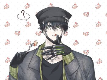 Rule 34 | 1boy, ?, beanie, black hair, black hat, black jacket, black shirt, cake, cake slice, chain, chain necklace, earrings, eating, food, fork, green eyes, green lining, hat, highres, hihaho636, holding, holding fork, jacket, jewelry, licking, licking nipple, looking to the side, male focus, mechanical hands, muscular, muscular male, necklace, nipple stimulation, pearl horn ornament, polka dot, polka dot background, robo frostor, screw, shirt, short hair, skoshism, speech bubble, stud earrings, virtual youtuber