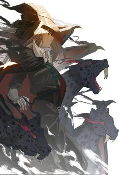 1girl black_bow black_cape black_corset black_hair black_hat black_panther black_shirt black_skirt bow cape corset cowboy_shot floating_hair from_side gloves hat hat_bow highres ling_(chaaaaanhikari) long_hair long_skirt long_sleeves neckerchief panther parted_lips profile red_eyes reverse:1999 semmelweis_(reverse:1999) shirt skirt smoke solo tricorne watermark white_background white_gloves white_neckerchief