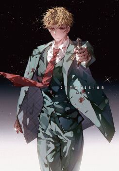 1boy aiming aiming_at_viewer blonde_hair blood blood_on_clothes blood_on_face blood_on_hands chaoxibumian collared_shirt commission cowboy_shot formal_clothes green_jacket green_pants green_suit gun highres holding holding_gun holding_weapon jacket male_focus necktie pants parted_bangs red_necktie shirt short_hair solo spy_x_family suit suit_jacket twilight_(spy_x_family) vest waistcoat weapon white_shirt