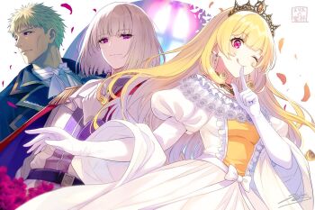 1girl 2boys :q ascot blonde_hair blue_coat cape cecilia_adelbide character_request closed_mouth coat commentary_request curly_hair dress earrings enrique_adelbide epaulettes eris_no_seihai falling_petals fringe_trim gloves grey_hair jewelry long_hair long_sleeves looking_at_viewer medium_hair multiple_boys one_eye_closed petals pink_eyes red_cape red_eyes shirt short_hair single_epaulette smile tiara tongue tongue_out very_long_hair white_ascot white_dress white_gloves white_shirt yuunagi_(seventh_heaven)