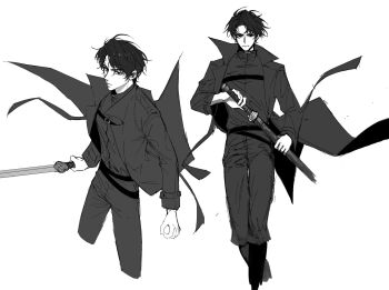 1boy black_coat black_eyes black_hair chest_belt clenched_hand coat curtained_hair feet_out_of_frame greyscale highres holding holding_sword holding_weapon looking_at_viewer male_focus monochrome multiple_views omniscient_reader&#039;s_viewpoint open_clothes open_coat plu_awk popped_collar serious short_hair sword walking weapon yoo_joonghyuk