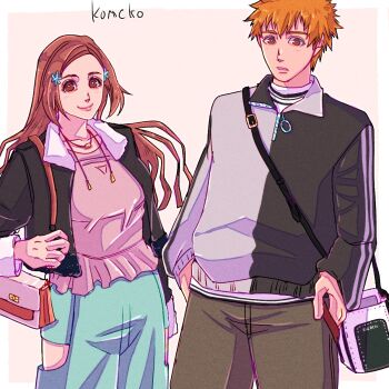 1boy 1girl alternate_costume aqua_skirt artist_name bag black_jacket bleach border brown_eyes brown_hair brown_pantyhose clothing_cutout commentary_request cowboy_shot cropped_jacket fur-trimmed_jacket fur_trim grey_background hair_ornament highres holding holding_bag inoue_orihime jacket jewelry komeko_(strikek-lvvjm27) kurosaki_ichigo light_blush long_hair multicolored_jacket necklace orange_hair pantyhose parted_bangs parted_lips pink_shirt shirt short_hair shoulder_bag skirt smile snowflake_hair_ornament spiked_hair thigh_cutout two-tone_jacket white_border