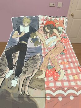 1boy 1girl aerith_gainsborough bare_arms bare_shoulders barefoot black_pants blonde_hair blue_shirt book breasts brown_hair closed_eyes cloud_strife contemporary derivative_work final_fantasy final_fantasy_vii floral_print food_print fruit_print hair_between_eyes highres holding holding_book howling indoors long_hair medium_breasts midriff_peek mmmckayyy my_melody on_bed pants parted_bangs pillow pink_pants pink_tank_top print_pants reading sanrio shirt short_hair sidelocks sleeping slice_of_life socks spiked_hair strawberry-shaped_pillow strawberry_print stuffed_animal stuffed_toy t-shirt tank_top teddy_bear wavy_hair white_socks wolf wooden_floor