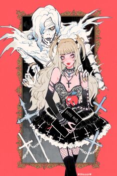 2girls amane_misa apple bad_link blonde_hair choker claws cross cross_necklace death_note food fruit gothic_lolita highres holding holding_food holding_fruit jewelry lolita_fashion long_hair multiple_girls necklace rem_(death_note) shinigami spiked_choker spikes vicki_tsai yellow_eyes