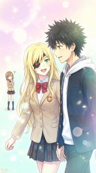 1boy 1girl 2girls ? a_certain_high_school_uniform black_hair black_pants black_socks blazer blonde_hair bow bowtie brown_eyes brown_hair brown_jacket collared_shirt commentary_request eritri eyepatch green_eyes grey_skirt hair_ornament hairpin hand_on_own_chin highres hood hoodie jacket kamijou_touma kneehighs long_hair long_sleeves misaka_mikoto multiple_girls othinus pants plaid_clothes plaid_skirt red_bow red_bowtie school_emblem school_uniform shirt short_hair simple_background skirt smile socks spiked_hair toaru_majutsu_no_index toaru_majutsu_no_index:_new_testament tokiwadai_school_uniform white_hoodie white_shirt winter_uniform