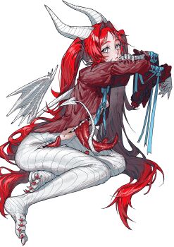 1girl absurdres barefoot blue_bow blue_ribbon bow claws demon_girl demon_horns demon_tail demon_wings dragon_girl dragon_horns full_body highres horns jacket long_hair multicolored_horns open_clothes open_jacket original pointy_ears red_jacket red_nails ribbon ryoryo. sharp_teeth simple_background solo tail teeth tongue tongue_out twintails two-tone_horns very_long_hair white_background white_horns white_tail wings