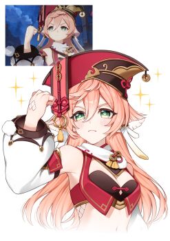 1girl anko_(kimt140n) bare_shoulders blush breasts cleavage clenched_hand commentary_request crop_top detached_sleeves genshin_impact green_eyes hand_up hat highres long_hair long_sleeves midriff multiple_views navel pink_hair red_hat simple_background small_breasts sparkle upper_body very_long_hair white_background yanfei_(genshin_impact)