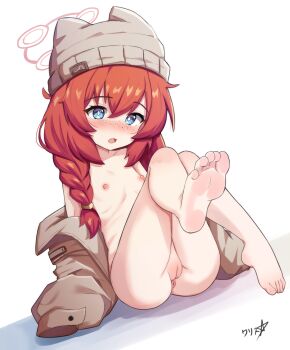 1girl absurdres animal_ear_headwear animal_ears anus barefoot beanie blue_archive blue_eyes blush boppin braid breasts brown_jacket cleft_of_venus fake_animal_ears female_focus freckles full_body grey_hat hair_between_eyes halo hat highres jacket loli long_hair long_sleeves looking_at_viewer maki_(blue_archive) maki_(camp)_(blue_archive) nipples nude official_alternate_costume open_clothes open_jacket open_mouth pussy red_hair red_halo signature simple_background small_breasts soles solo toenails toes twin_braids uncensored
