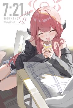 1girl absurdres alternate_costume aru_(blue_archive) black_horns black_sweater blue_archive blush closed_eyes commentary_request dated fang5hine food halo heart highres holding holding_food horns long_hair long_sleeves open_mouth pink_hair pink_halo sitting smile solo sweater timestamp twitter_username yokozuwari