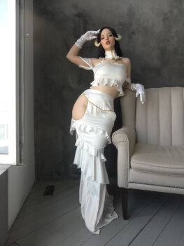 1girl absurdres albedo_(overlord) breasts cosplay demon_girl dress highres horn lada_lyumos large_breasts nipples overlord_(maruyama) real_life solo