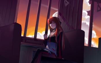 1girl ahiruuyew black_bow black_jacket black_pants bow bus_interior closed_mouth commentary english_commentary gauze gauze_over_eye hair_bow hand_up highres jacket limbus_company long_hair long_sleeves looking_at_viewer mephistopheles_(project_moon) pants pink_hair project_moon smile solo straight_hair sunset window yellow_eyes yuri_(project_moon)