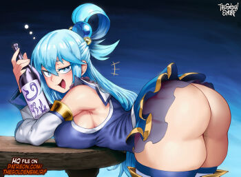 +++ 1girl aqua_(konosuba) artist_name ass bent_over blue_eyes blue_hair blue_shirt blue_skirt blush bottle breasts come_hither commentary detached_sleeves drooling drunk english_commentary from_side furrowed_brow hair_between_eyes hair_ornament hair_rings kono_subarashii_sekai_ni_shukufuku_wo! large_breasts long_hair looking_at_viewer miniskirt mouth_drool naughty_face no_panties open_mouth paid_reward_available patreon_username shirt sideboob single_hair_ring skirt sleeveless sleeveless_shirt smile solo sphere_hair_ornament squeans table the_golden_smurf watermark web_address white_sleeves wine_bottle