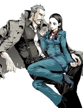 Rule 34 | 1boy, 1girl, absurdres, ace attorney, ace attorney investigations, beard, black eyes, black hair, black nails, black pants, black shirt, blue coat, blue pants, buttons, calisto yew, candy, coat, collared shirt, commentary request, double-breasted, earrings, facial hair, food, formal clothes, goatee, grey coat, grey hair, hair slicked back, high heels, highres, holding, holding candy, holding food, holding lollipop, hoop earrings, jacket, jewelry, korean commentary, lollipop, long hair, makeup, manly, nail polish, necktie, old, old man, pants, secret9050, shirt, simple background, sitting, sitting on lap, sitting on person, suit, suspenders, torn clothes, torn jacket, trench coat, tyrell badd, white background, white necktie