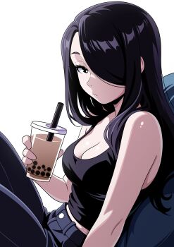 1girl absurdres bare_arms bare_shoulders black_eyes black_hair black_pants black_tank_top borrowed_character breasts bubble_tea cleavage closed_mouth commentary drink english_commentary from_side hair_over_one_eye highres holding holding_drink knees_up long_hair looking_at_viewer medium_breasts midriff_peek nila_(telepurte) original pants sitting solo tank_top theoiledone white_background