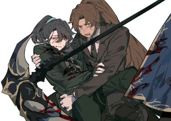 Rule 34 | 3boys, argalia (project moon), black coat, black gloves, black hair, black jacket, black necktie, black pants, blood, blood from mouth, blood on clothes, blood on face, bloody weapon, blue cape, blue eyes, brown hair, cape, chest strap, chinese commentary, clenched teeth, coat, collared shirt, feet out of frame, fingerless gloves, full-stop office (identity) (project moon), gloves, grey eyes, grey shirt, hand on another's arm, hand on another's waist, headset, heathcliff (project moon), heterochromia, high ponytail, highres, hong lu (project moon), itokenaikei, jacket, knee guards, leg belt, library of ruina, limbus company, long hair, long sleeves, looking ahead, looking at another, male focus, multiple boys, necktie, open mouth, pants, ponytail, project moon, purple eyes, scar, scar on face, scythe, shirt, simple background, sitting, sweatdrop, teeth, upper teeth only, weapon, white background, white gloves