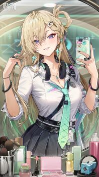 1girl absurdres aqua_necktie black_skirt blonde_hair blush breasts cellphone chinese_commentary cleavage commentary_request cosmetics earrings fingernails gradient_hair green_hair hair_between_eyes hair_ornament hands_up headphones headphones_around_neck highres holding holding_phone id_card indoors jewelry logo long_hair looking_at_viewer lynae_(wuthering_waves) makeup_palette medium_breasts mole multicolored_hair nail_polish necktie official_art parted_lips phone purple_eyes shirt shirt_tucked_in skirt skull_hair_ornament smartphone smile star_(symbol) star_earrings white_shirt wuthering_waves