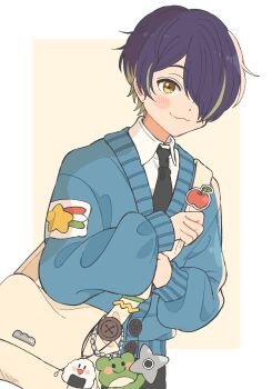 Rule 34 | 1boy, :3, absurdres, apple, bag, black necktie, buttons, cardigan, closed mouth, collared shirt, commentary, eeppa, ensemble stars!, food, fruit, hair over one eye, highres, holding strap, long sleeves, male focus, multicolored hair, necktie, one eye covered, purple hair, sengoku shinobu, shirt, short hair, shoulder bag, shuriken, simple background, solo, star (symbol), streaked hair, symbol-only commentary, two-tone hair, upper body, weapon, white background, yellow background, yellow eyes