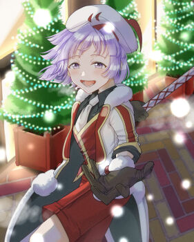 1boy :d beret black_shirt blurry blush brown_gloves bugsy_(holiday_2024)_(pokemon) bugsy_(pokemon) christmas_tree coat collared_shirt commentary_request gloves happy hat highres lower_teeth_only male_focus necktie nintendo official_alternate_costume omi_(minminkubi) open_clothes open_coat open_mouth outstretched_hand pokemon pokemon_masters_ex purple_eyes purple_hair red_shorts red_vest shirt short_hair shorts smile solo teeth vest white_hat white_necktie