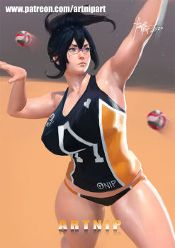 1girl 2020 armpits artist_name artnip ball black_hair blue_eyes breasts covered_erect_nipples folded_ponytail glasses haikyuu!! huge_breasts jumping lips mole mole_under_mouth nose playing_sports purple-framed_eyewear shimizu_kiyoko short_shorts shorts signature solo sportswear thick_thighs thighs updo volleyball volleyball_(object) volleyball_uniform watermark web_address