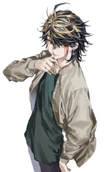 1boy absurdres black_hair blood blood_on_face chamuring commentary_request earrings green_shirt grey_jacket hanemiya_kazutora highres jacket jewelry korean_commentary long_sleeves male_focus nosebleed shirt short_hair simple_background solo tokyo_revengers upper_body white_background yellow_eyes