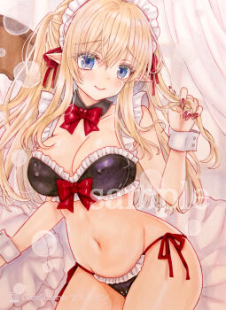 1girl absurdres black_bra black_collar black_panties blonde_hair blue_eyes blush bow bow_bra bowtie bra breasts cleavage closed_mouth collar commentary_request covered_erect_nipples cowboy_shot crossed_bangs detached_collar elf fingernails frilled_bra frilled_panties frills groin hair_ribbon hand_up highres holding holding_own_hair large_breasts long_hair maid maid_headdress marker_(medium) nail_polish navel original panties pointy_ears raised_inner_eyebrows red_bow red_bowtie red_nails red_ribbon ribbon sample_watermark sarieru side-tie_panties smile solo stomach string_panties traditional_media two_side_up unconventional_maid underwear underwear_only watermark white_wrist_cuffs wispy_bangs wrist_cuffs