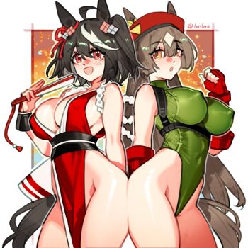 2girls baobao771100 bare_hips black_hair breasts brown_eyes brown_hair cammy_white cammy_white_(cosplay) capcom commentary cosplay covered_erect_nipples fingerless_gloves folded_fan folding_fan gloves green_leotard hand_fan heattech_leotard highleg highleg_leotard holding holding_fan japanese_clothes kimono kitasan_black_(umamusume) large_breasts leotard multiple_girls pelvic_curtain red_eyes red_gloves satono_diamond_(umamusume) shiranui_mai shiranui_mai_(cosplay) sleeveless sleeveless_kimono the_king_of_fighters turtleneck two_side_up umamusume white_hair white_streaks