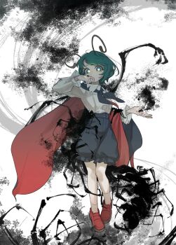 Rule 34 | 1girl, antennae, black cape, black shorts, bug, cape, centipede, collared shirt, commentary, darkness, firefly, full body, glowing, glowing eyes, green eyes, green hair, highres, insect, kijima (amayadori-tei), loafers, long sleeves, looking at viewer, red cape, red shoes, shirt, shoes, short hair, shorts, solo, standing, touhou, two-tone cape, white background, white shirt, wriggle nightbug