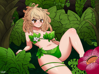 1girl animal_ears artist_request bananajuju blonde_hair brown_eyes dreadlocks highres indie_virtual_youtuber leaf leaf_bra leaf_panties leaf_print long_hair looking_at_viewer monkey_ears monkey_girl panties plant_clothing print_panties solo underwear virtual_youtuber