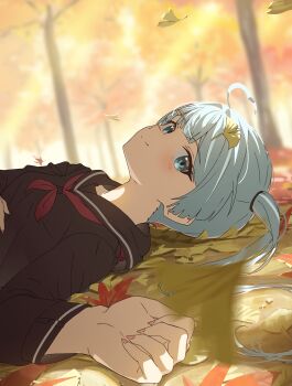 1girl absurdres ahoge aqua_eyes arahashi_tabi autumn autumn_leaves black_sailor_collar black_shirt blurry blurry_background blurry_foreground closed_mouth commentary_request depth_of_field falling_leaves fingernails forest hair_ornament hair_spread_out hair_tie hairclip highres korean_commentary leaf leaf_on_head long_hair long_sleeves looking_at_viewer looking_to_the_side lying nachyomumei nature neckerchief on_back on_ground parallel_hairclips red_neckerchief sailor_collar sailor_shirt school_uniform shirt smile solo split_mouth stellive twintails virtual_youtuber